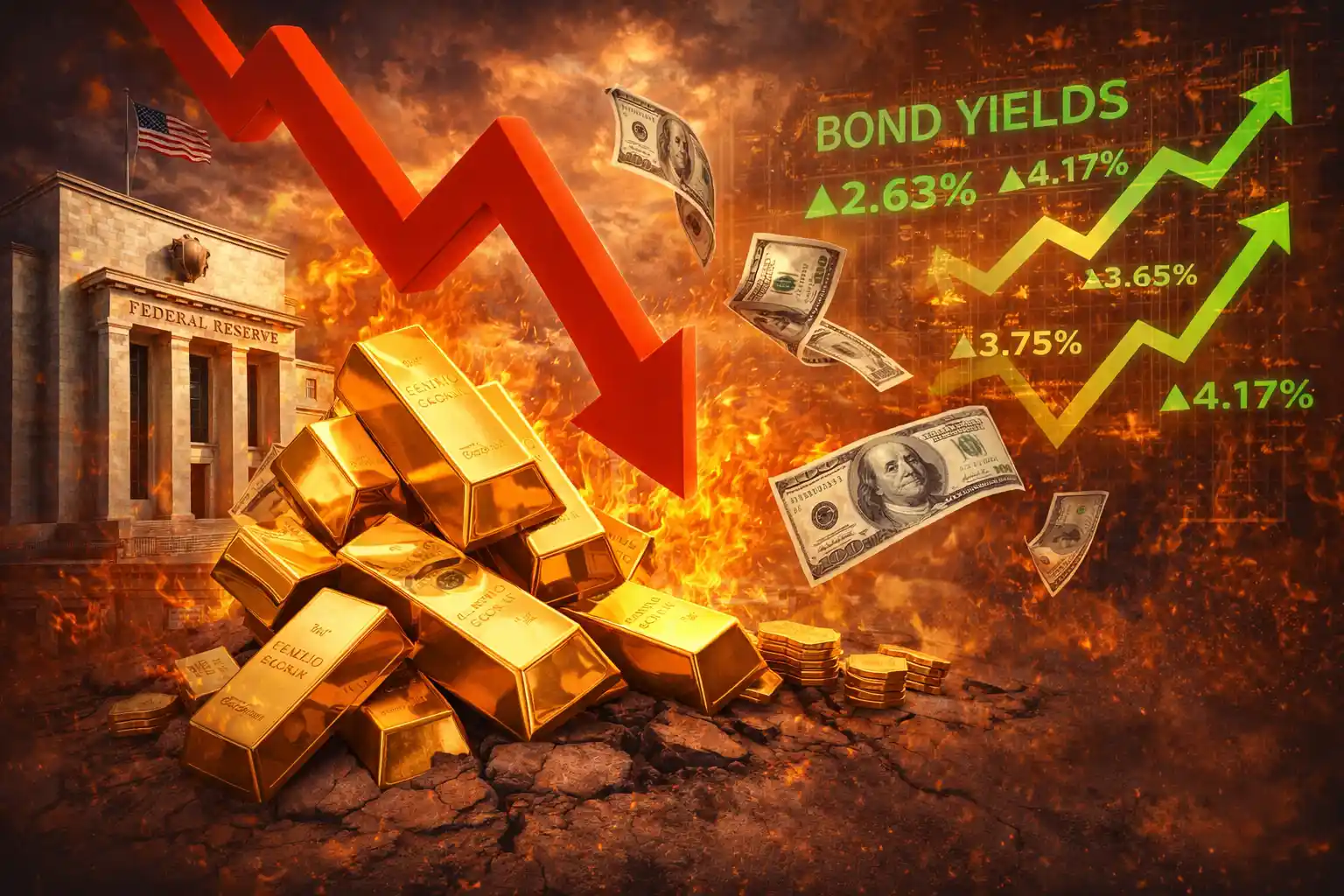 الذهب يهبط بقوة بعد قرارات الفيدرالي وسط ضغط الدولار وارتفاع عوائد السندات العالمية