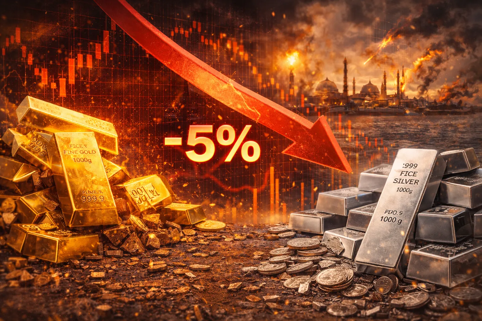المعادن تواصل خسائرها الحادة.. الذهب ينخفض بنسبة 5% والفضة تتراجع دون 80 دولارًا
