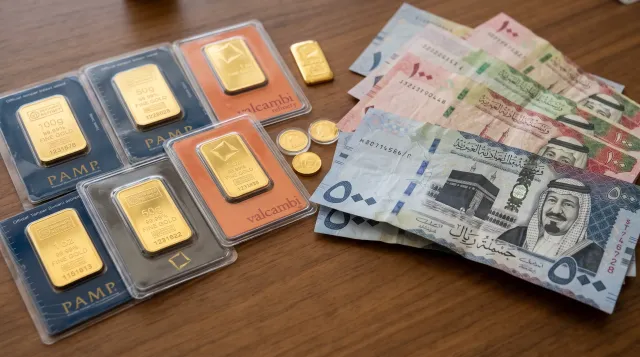 Packaged gold bullion bars on display for trade