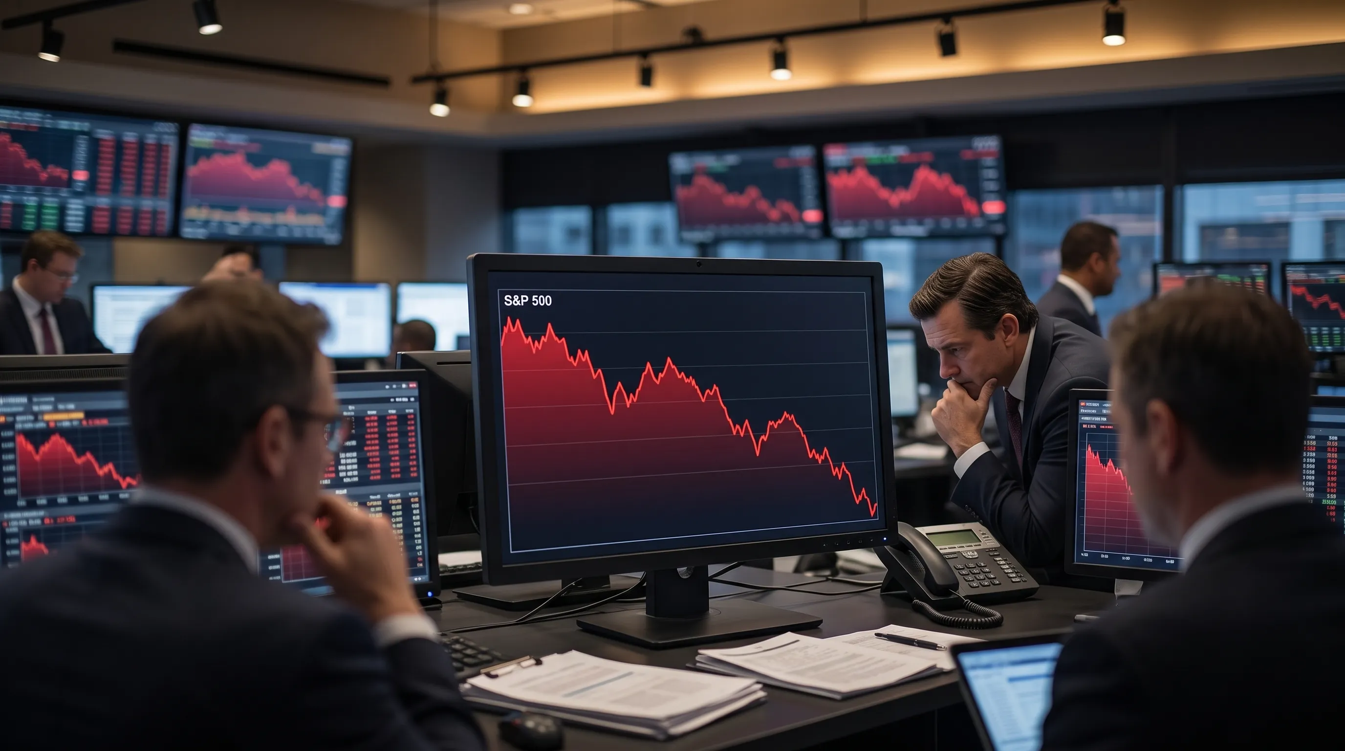 S&P 500 Pulls Back 0.7% as Rising Treasury Yields and Geopolitical Tensions Squeeze Tech Leaders A sleek Wall Street financial trading floor terminal screen displaying red stock market charts and the S&P 500 index decline.