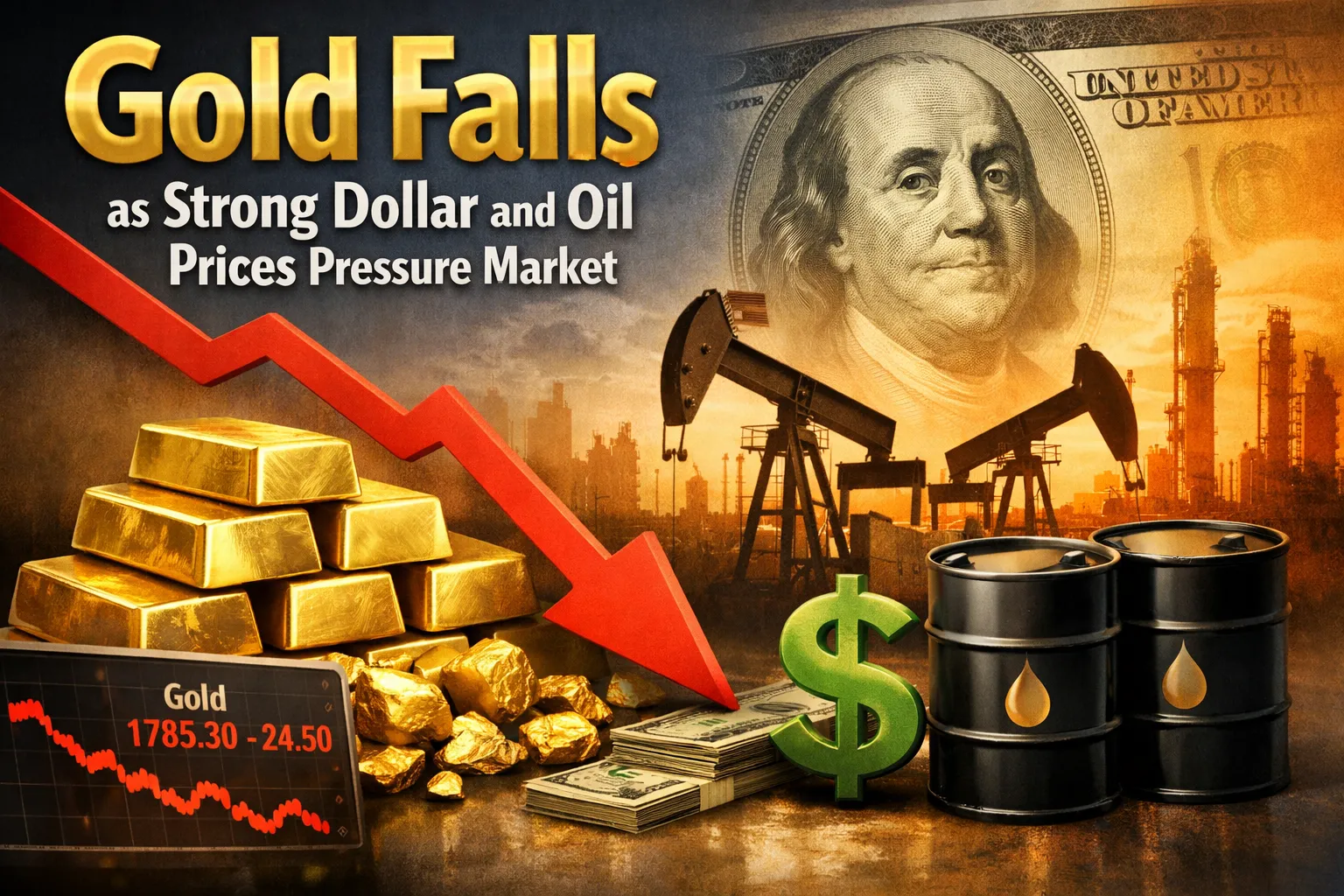 Gold Falls as Strong Dollar and Oil Prices Pressure Market