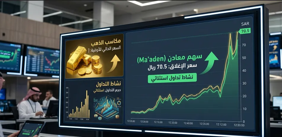 سهم "معادن" يقفز إلى 70.5 ريال بدعم مكاسب الذهب ونشاط تداول استثنائي